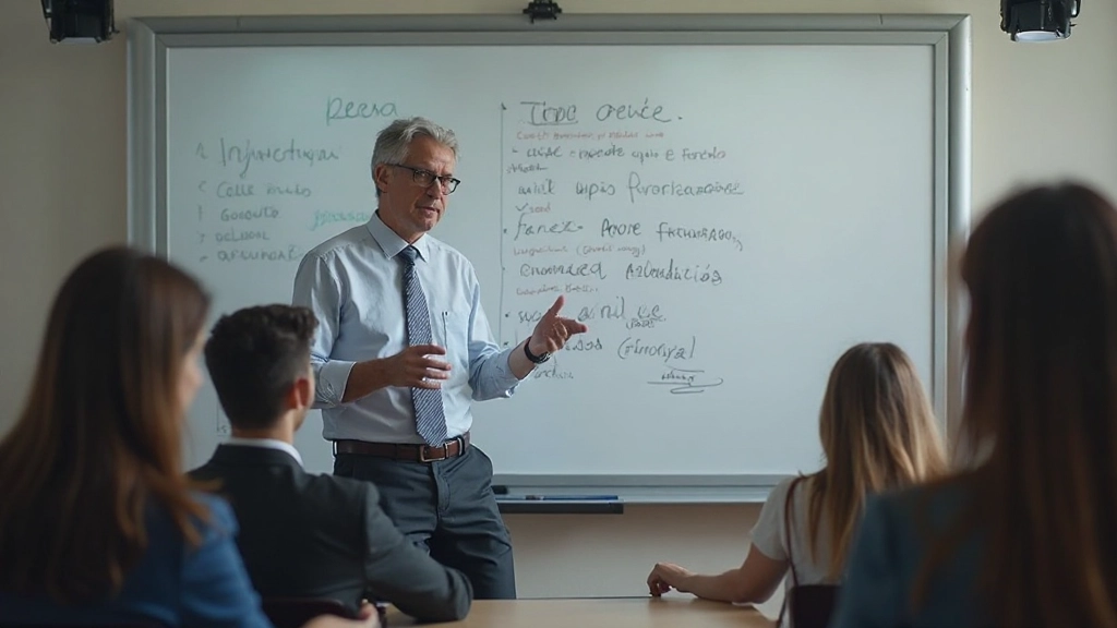 Professor explicando estrutura de períodos complexos em quadro interativo com exemplos