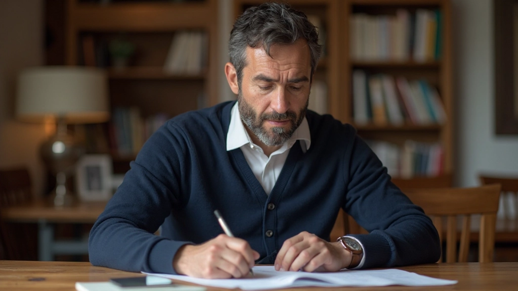 Professor português revisando documentos gramaticais em mesa de madeira