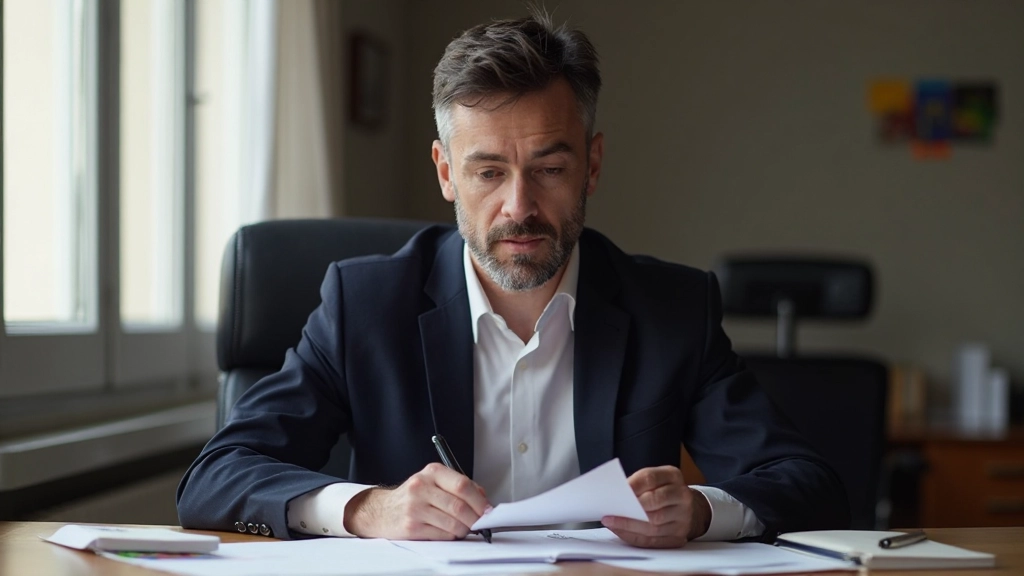 Professor português revisando documentos gramaticais em mesa de madeira