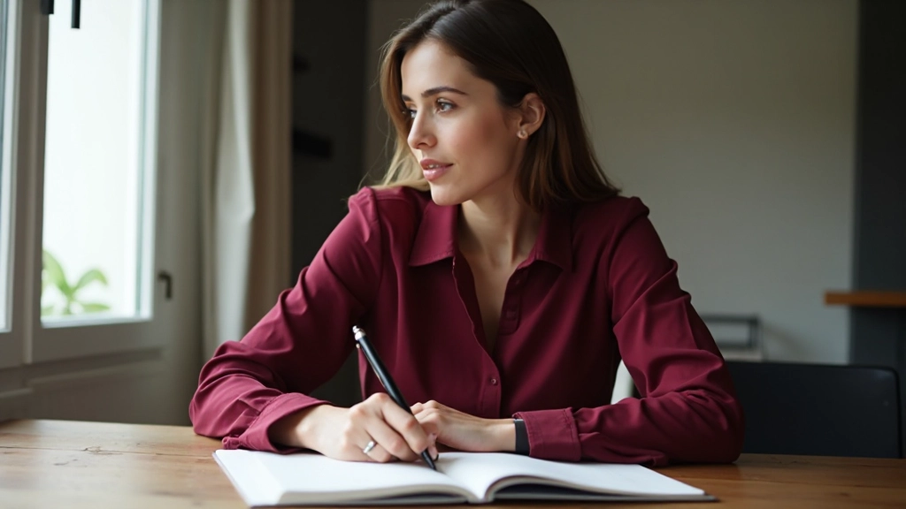 Mulher profissional escrevendo em caderno com caneta estilográfica