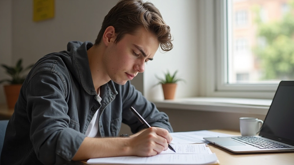 Estudante escrevendo estrutura de período complexo em caderno de anotações