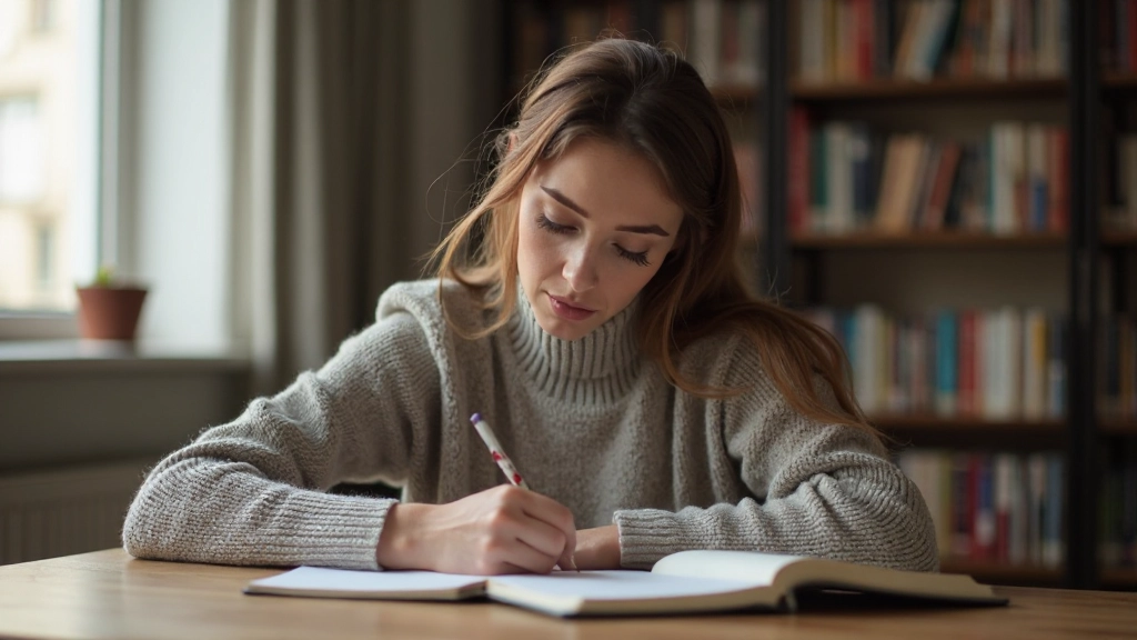 Mulher escrevendo em caderno em biblioteca com luz natural