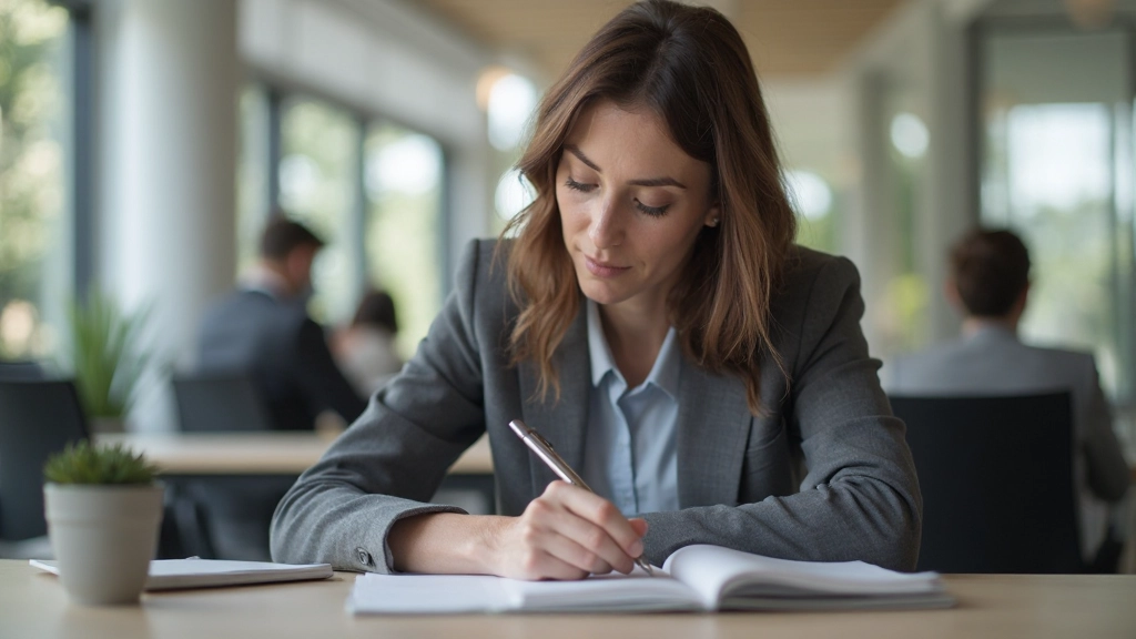 Mulher profissional escrevendo em caderno com caneta estilográfica